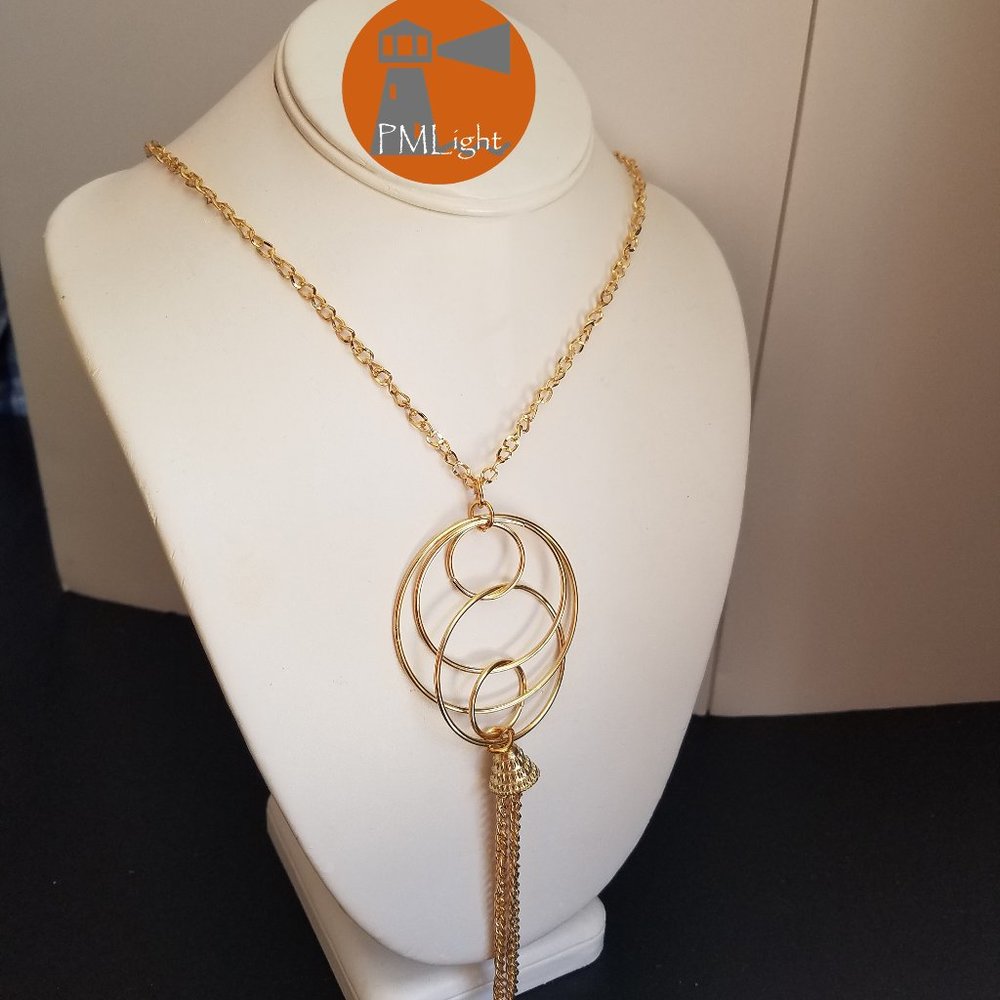 Gold Tone Necklace Long with Rings & Tassel Chain Costume Jewelry